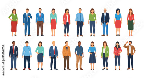 Diverse collection of standing flat vector characters representing various business professionals and casual people illustration