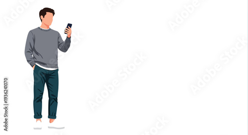 Flat vector illustration of a young man casually browsing his smartphone against a clean background.