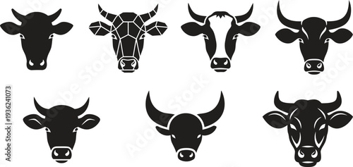 Diverse Set of Eight Black Cow Head Silhouettes, Including Geometric and Classic Styles