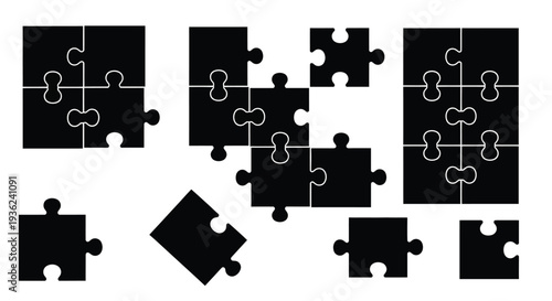 Black and white graphic illustration featuring various puzzle pieces for business strategy concept design