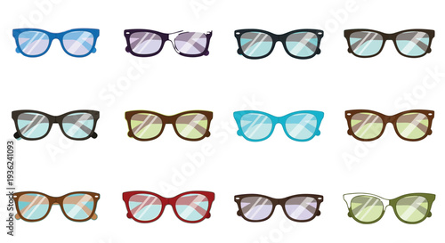 Collection of twelve colorful eyeglasses designs displayed in a modern flat style vector graphic grid