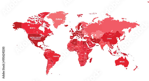 Comprehensive world map vector graphic illustration displaying all countries in a striking red and pink color scheme.