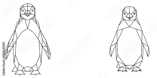 Line art illustrations of penguins standing facing the viewer with simple geometric shapes