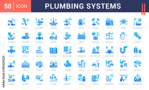 Plumbing Systems Icon Set. Water Pipe, Pipe Wrench, Faucet Installation, Drain Cleaning, Leak Detection and more. Glyph Gradient style vector icons collection.