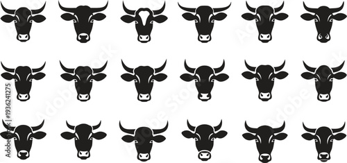Set of Various Black Silhouette Cow and Bull Head Icons and Logos Vector Pack