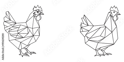 Geometric illustrations of roosters standing in a simple white environment viewed from the side