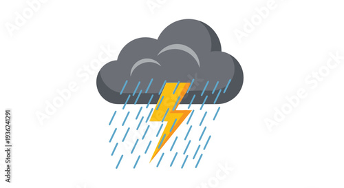 Simple vector illustration of a dark cloud raining heavily with a bright yellow lightning bolt striking below.