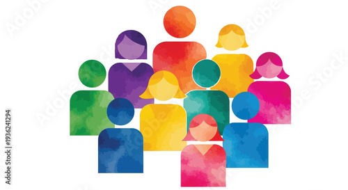 Colorful vector illustration depicting a diverse group of simplified human avatars representing community and population.