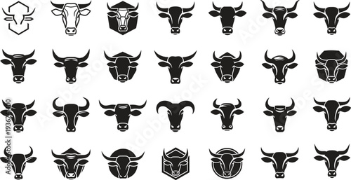 Extensive Collection of Black Silhouette Cow and Bull Head Logos and Icons Vector Set