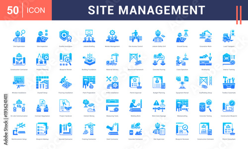 Site Management Icon Set. Site Supervision, Site Inspection, Quality Assurance, Jobsite Briefing, Worker Management and more. Glyph Gradient style vector icons collection.