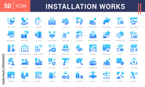 Installation Works Icon Set. Faucet Installation, Toilet Installation, Shower Head, Floor Drain, Shower Drain and more. Glyph Gradient style vector icons collection.