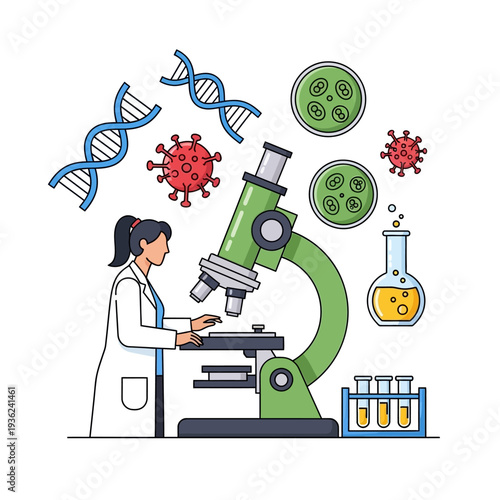 Scientist Studying DNA, Viruses, and Cells Under Microscope in Lab