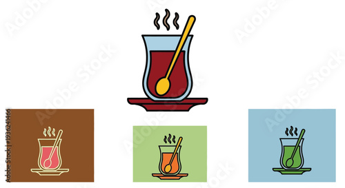 Collection of hot drinks in turkish tea glasses with spoons and steam vector graphic elements