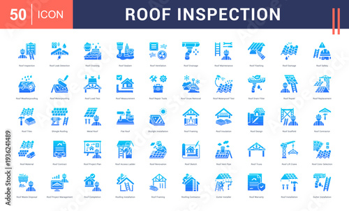 Roof Inspection Icon Set. Roof Inspection, Roof Leak Detection, Roof Cleaning, Roof Sealant, Roof Ventilation and more. Glyph Gradient style vector icons collection.