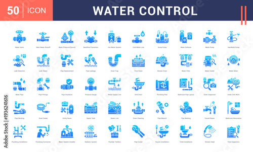 Water Control Icon Set. Water Valve, Main Water Shutoff, Water Pressure Control, Backflow Prevention, Hot Water System and more. Glyph Gradient style vector icons collection.