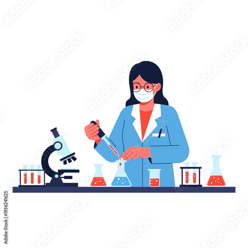 Scientist Woman Pipetting Liquid in Laboratory Flask, Microscope and Test Tubes
