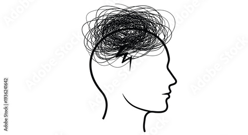 A sketch depicting a human head in profile with chaotic scribbles inside