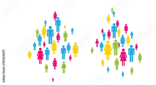 Diverse group of colorful vector human icons representing community, people, and population distribution in an illustration.