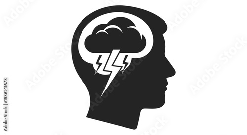A black silhouette of a human head containing storm clouds and lightning bolts