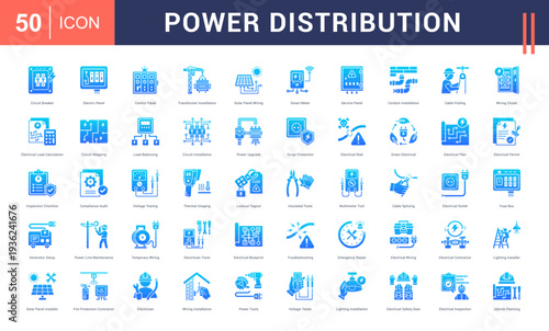 Power Distribution Icon Set. Circuit Breaker, Electric Panel, Control Panel, Transformer Installation, Solar Panel Wiring and more. Glyph Gradient style vector icons collection.