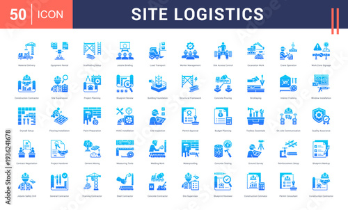 Site Logistics Icon Set. Material Delivery, Equipment Rental, Scaffolding Setup, Jobsite Briefing, Load Transport and more. Glyph Gradient style vector icons collection.