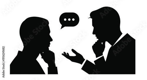 Two figures in silhouette engaged in a conversation one gesturing thoughtfully