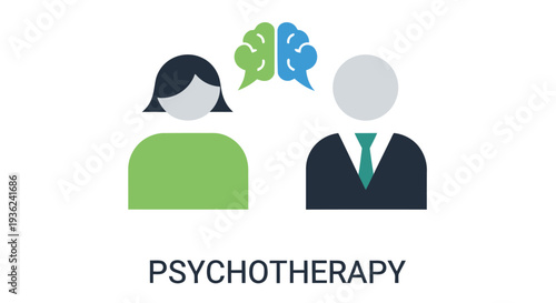 Illustration depicting psychotherapy session with two figures and a brain icon