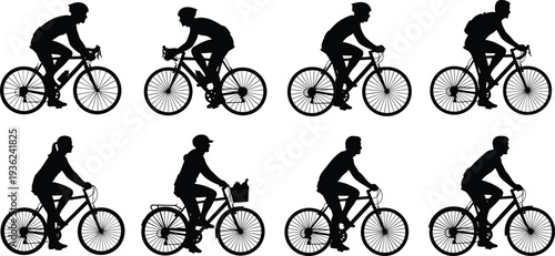 Urban bicycle cyclist silhouette vector set featuring various commuter bike riders and casual cycling poses isolated on white background for design.
