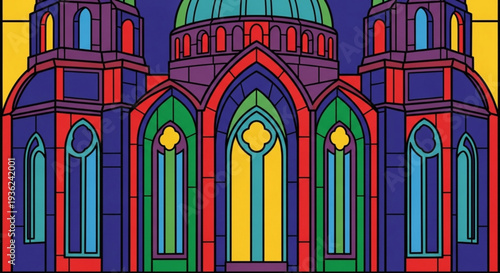 Vibrant stained glass artwork of a gothic church with colorful windows and domes at sunset