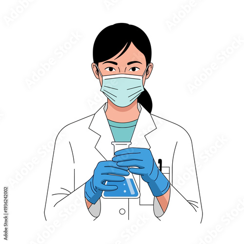 Female scientist in protective mask and gloves holding flask with blue liquid