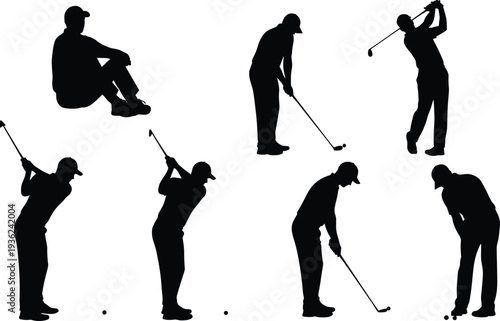 Golf player silhouettes featuring swing sequence, preparing, hitting, follow-through, sitting pose, sports action, posture design, vector illustration elements