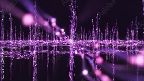 Abstract purple light particles forming a complex digital network structure