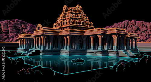 Vibrant temple structure with columns and towering spire reflected in water at night