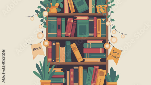 Colorful bookshelf with decorative books and plants in modern home library