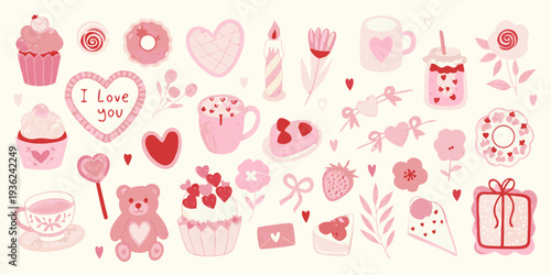 A charming collection of pink desserts hearts and love themed illustrations