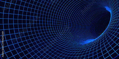 A swirling blue vortex of grid lines creates a tunnel effect