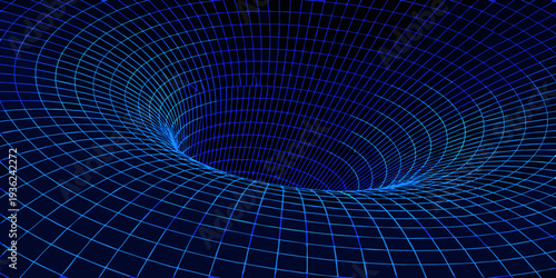 A digital rendering of a swirling blue vortex or wormhole effect