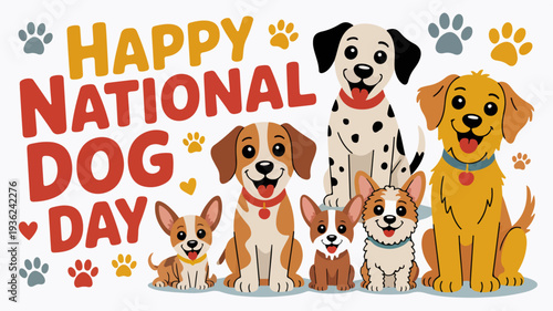 Colorful cartoon dogs celebrating National Dog Day with joy