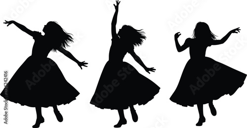 Graceful female dancer silhouettes in dynamic poses, elegant dress flowing with movement, expressive dance art illustration for creative design projects