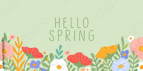 Hello spring a colorful floral illustration with text overlay