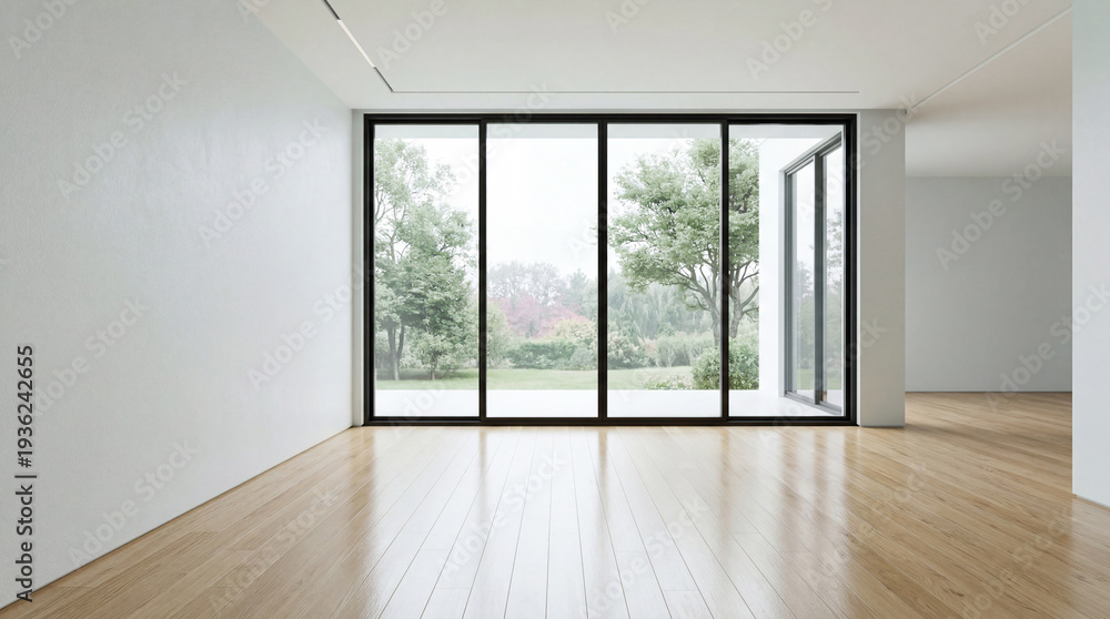 Fototapeta premium Modern minimal living room featuring wood floor with a large window elegant contemporary white room ,Color of the Year 2026 – Cloud Dancer ,copy space ,empty room.3Drender
