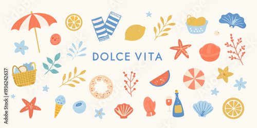 A colorful illustration featuring summer icons and the phrase dolce vita