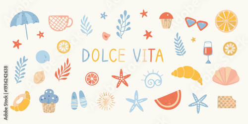 A colorful collection of summer themed illustrations and the text dolce vita