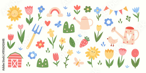 Colorful garden illustrations with flowers tools and charming decorative elements
