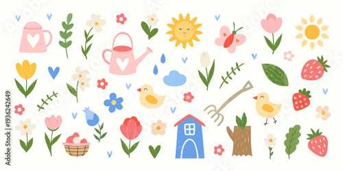 A cheerful collection of spring flowers birds and gardening tools