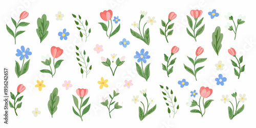 A colorful collection of stylized floral illustrations on a white background