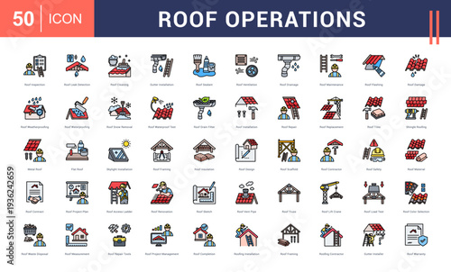 Roof Operations Icon Set. Roof Inspection, Roof Leak Detection, Roof Cleaning, Gutter Installation, Roof Sealant and more. Flat Line style vector icons collection.