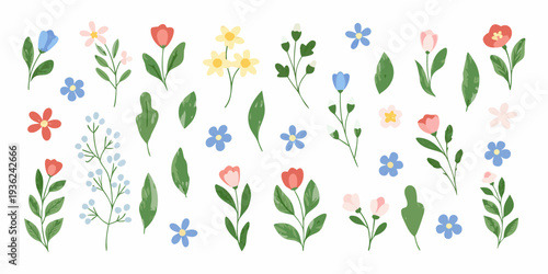 A collection of colorful illustrated wildflowers and foliage on white