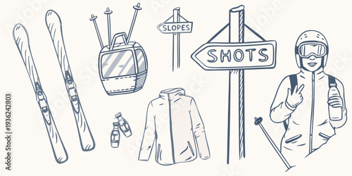 A sketched illustration of winter sports equipment and a skier