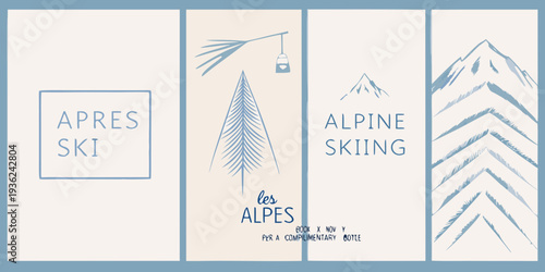 Minimalist alpine skiing themed artwork with text and mountain graphics